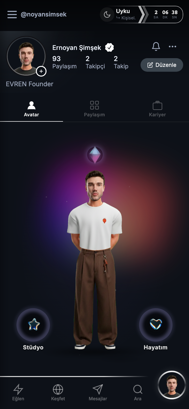 LifeOS kişisel profil ve avatar ekranı
