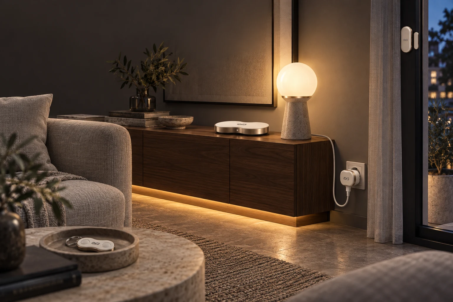 Salonda Home Hub, sıcak ışıklı masa lambası, akıllı priz, anahtarlık ve pencere sensörü