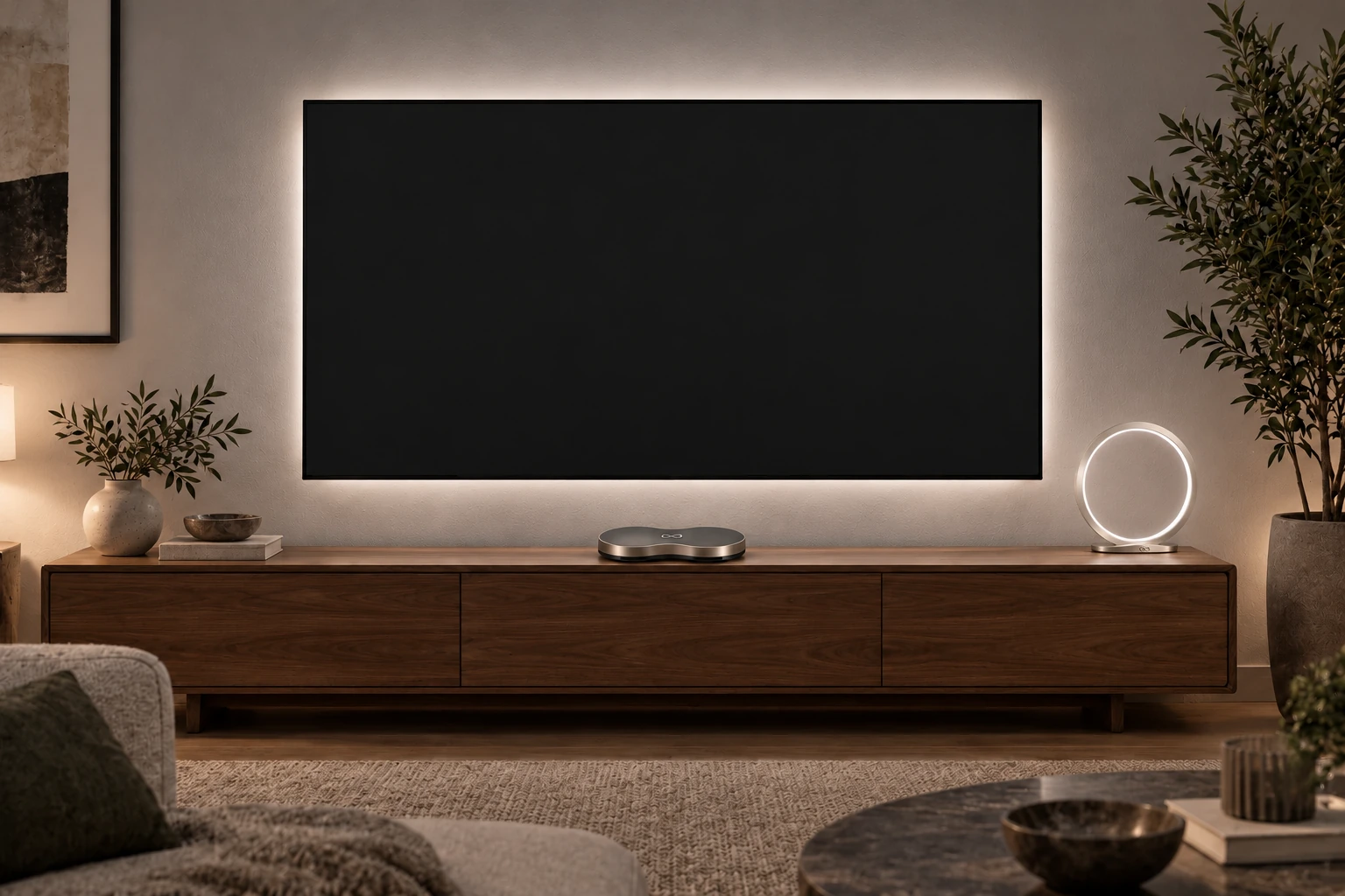 Evren TV Box ve TV ünitesinin sağındaki Halo: ekran, TV arkası ve odanın ışıkları aynı göreve eşlik ediyor