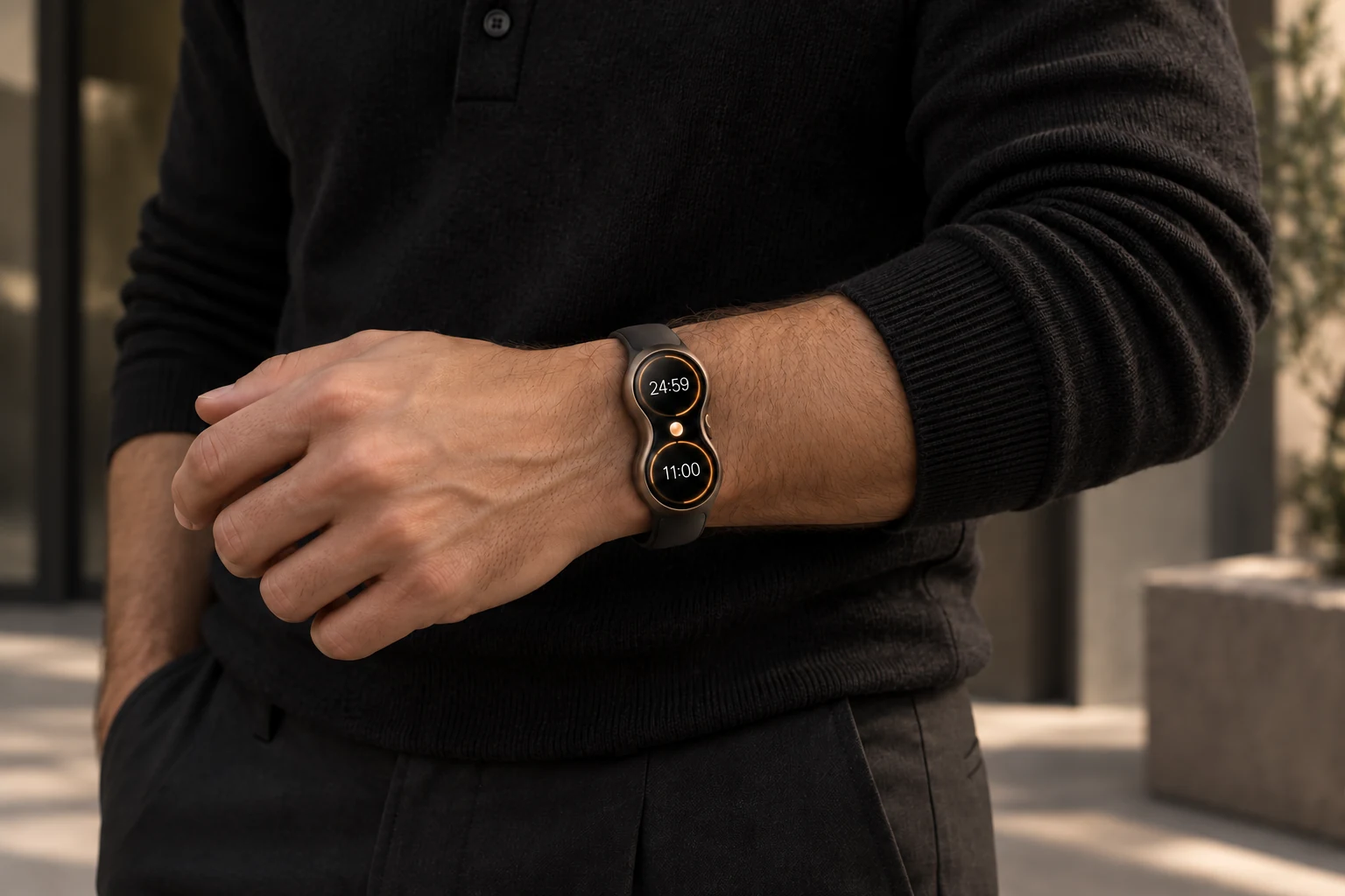 Sonsuzluk biçimli grafit Evren Watch'un siyah triko polo giyen bir erkek üzerinde günlük kullanımı